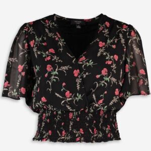 🔸️NWT Haver Black w/Red Floral Print Short Flutter Sleeve Top Small